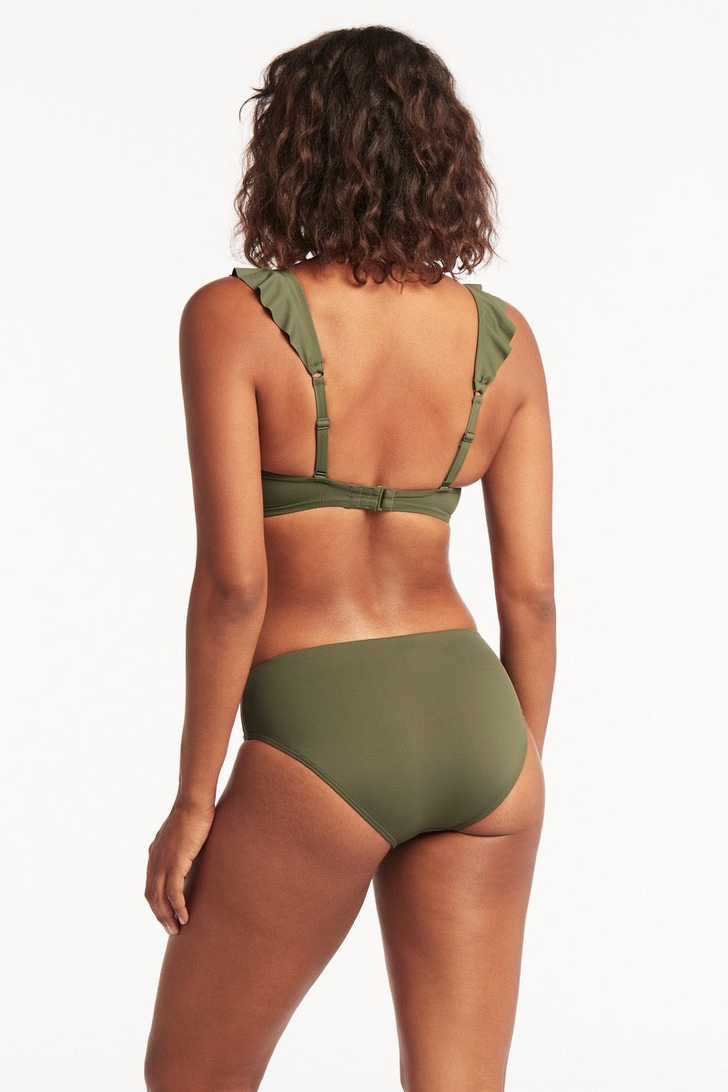 Ruffle Bikini Top Olive Sustainable | Sea Level Australia sexy gorgeous sophisticated pretty fashionable Essentials Frill Bra Top Khaki Ruffle Bikini Top designer top best small bust B cup quality high end hot sexy  luxury stylish upscale good cleavage bikini top sexy classy chic frilly best swimsuit top for small bust banded bottom padded bust enhancing adjustable bra straps nice green cute good quality sustainable eco friendly bikini flirty frilly hot bikini A cup B cup C cup fashion luxury sophisticated 
