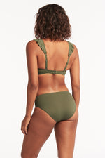 Ruffle Bikini Top Olive Sustainable | Sea Level Australia sexy gorgeous sophisticated pretty fashionable Essentials Frill Bra Top Khaki Ruffle Bikini Top designer top best small bust B cup quality high end hot sexy  luxury stylish upscale good cleavage bikini top sexy classy chic frilly best swimsuit top for small bust banded bottom padded bust enhancing adjustable bra straps nice green cute good quality sustainable eco friendly bikini flirty frilly hot bikini A cup B cup C cup fashion luxury sophisticated 