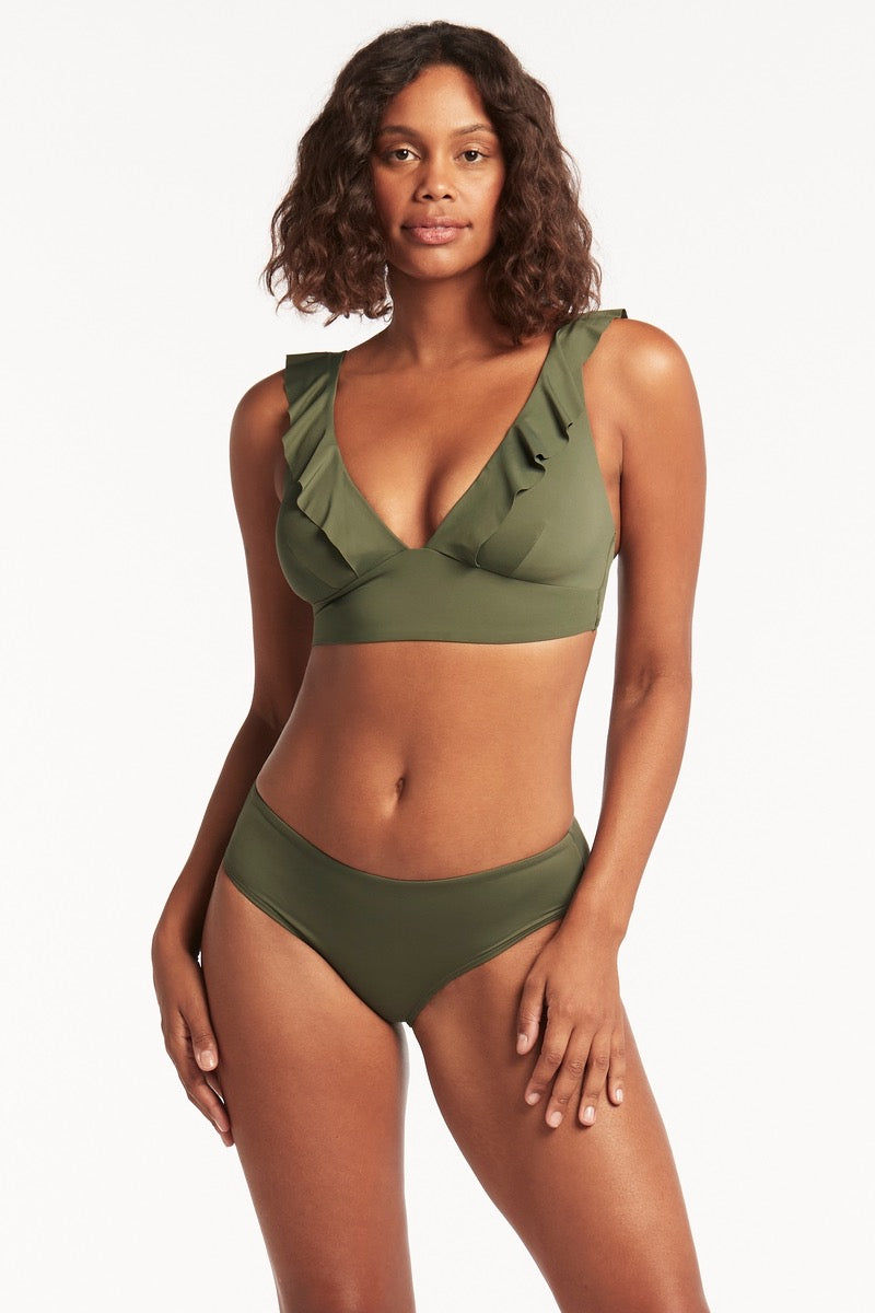 Ruffle Bikini Top Olive Sustainable Sea Level Australia sexy gorgeous sophisticated pretty fashionable Essentials Frill Bra Top Khaki Ruffle Bikini Top designer top best small bust B cup quality high end hot sexy  luxury stylish upscale good cleavage bikini top sexy provocative frilly best swimsuit top for small bust banded bottom padded bust enhancing adjustable bra straps nice green cute good quality sustainable eco friendly bikini flirty frilly hot bikini A cup B cup C cup fashion luxury sophisticated 