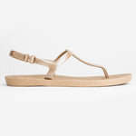 Sandals Journey designed by Third Oak metallic finish vegan cruelty free sturdy design made with bio based material 45% soy by weight 100% recyclable made in the USA eco friendly flats flip flops stylish shiny cute adjustable heel strap vacation good quality american made eco safe environmentally friendly best flats vacation open toe thongs good quality buy online clearance sale neutral color solid beige gold beach shoes dressy cute pretty elegant goes with shorts dress up or down good simple stylish 