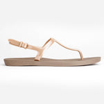 Sandals Journey designed by Third Oak metallic finish vegan cruelty free sturdy design made with bio based material 45% soy 100% recyclable made in the USA eco friendly flats flip flops stylish shiny cute adjustable heel strap vacation good quality american made eco safe environmentally friendly best flats vacation open toe thongs good quality buy online clearance sale neutral color durable beige gold beach shoes dressy cute pretty elegant goes with shorts dress up or down good carry on stylish ladies