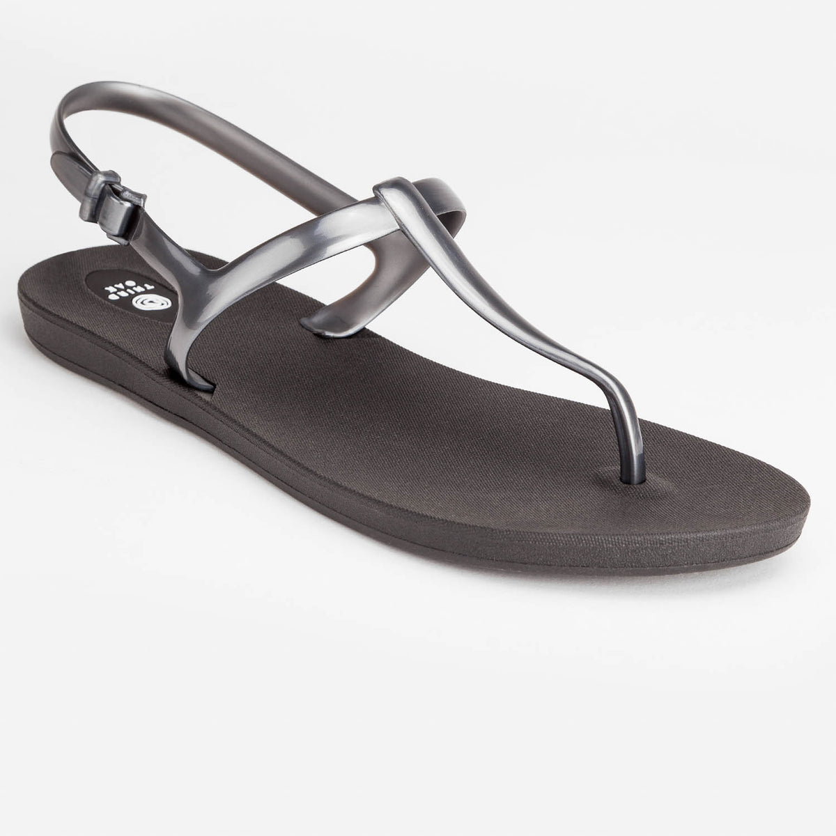 Sandals Journey designed by Third Oak metallic finish vegan cruelty free sturdy design made with bio based material 45% soy by weight 100% recyclable made in the USA eco friendly flats flip flops stylish shiny cute adjustable heel strap vacation good quality american made eco safe environmentally friendly best flats vacation open toe thongs good quality buy online clearance sale best materials durable good travel beach shoes dressy cute pretty elegant goes with shorts dress up or down good carry on sandals 