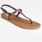 Sandals Journey designed by Third Oak metallic finish vegan cruelty free sturdy design made with bio based material 45% soy by weight 100% recyclable made in the USA eco friendly flats flip flops stylish shiny cute adjustable heel strap vacation good quality american made eco safe environmentally friendly best flats vacation open toe thongs good quality buy online clearance sale neutral color copper bronze brown beach shoes dressy cute pretty elegant goes with shorts dress up or down good carry on stylish 