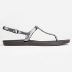Sandals Journey designed by Third Oak metallic finish vegan cruelty free sturdy design made with bio based material 45% soy by weight 100% recyclable made in the USA eco friendly flats flip flops stylish shiny cute adjustable heel strap vacation good quality american made eco safe environmentally friendly best flats vacation open toe thongs good quality buy online clearance sale best materials durable good travel beach shoes dressy cute pretty elegant goes with shorts dress up or down good carry on stylish 