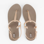 Sandals Journey designed by Third Oak metallic finish vegan cruelty free sturdy design made with bio based material 45% soy by weight 100% recyclable made in the USA eco friendly flats flip flops stylish shiny cute adjustable heel strap vacation good quality american made eco safe environmentally friendly best flats vacation open toe thongs good quality buy online clearance sale neutral color durable beige gold beach shoes dressy cute pretty elegant goes with shorts dress up or down good carry on stylish 