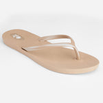 Sandals Scout Metallics Third Oak shimmer finish vegan cruelty free sturdy design made with bio based material 45% soy 100% recyclable made in the USA eco friendly flats flip flops stylish shiny cute great quality vacation good quality american made eco safe environmentally friendly best flats vacation open toe thongs good quality buy online clearance sale neutral color gold beige beach shoes dressy cute pretty elegant versatile dress up or down comfortable good travel carry on shimmer 