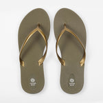 Sandals Scout Metallics Third Oak shimmer finish vegan cruelty free sturdy design made with bio based material 45% soy 100% recyclable made in the USA eco friendly flats flip flops stylish shiny cute clearance sale online vacation good quality american made eco safe environmentally friendly best flats vacation open toe thongs good quality buy online clearance sale neutral color army green gold beach shoes dressy cute pretty elegant versatile dress up or down comfortable good travel carry on shimmer 