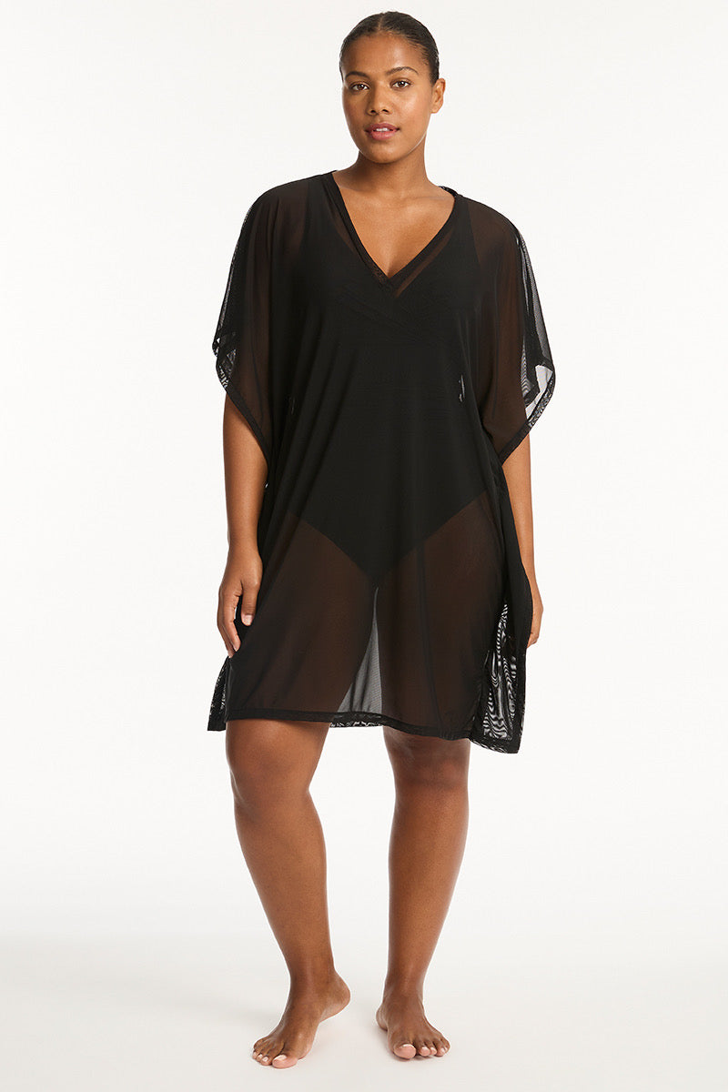 Tunic Beach Cover Up Sea Level Australia essentials beach dress short sleeve mid length knee length see through sheer mesh lightweight quick dry high end luxury designer buy online Canada USA pretty fancy beachwear website practical expensive durable good quality sexy pretty elegant fancy matches everything v neck mom woman over 40 vacation cottage Mexico tulum lake cute sophisticated current trend wealthy socialite savvy online shopper purchases often short dress cover up flattering chic bougie over shirt 