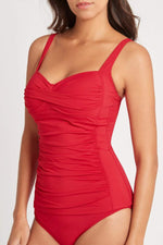 Slimming Tankini | Sea Level Australia Essentials Red Twist Front Multifit Singlet eco friendly sustainable swim ladies designer brand high quality sophisticated belly flattens tummy control adjustable straps expensive sexy tankini vacation swimsuits online mom stylish bathing suit elegant chic tummy toning tank top swimsuit red bright fancy miami LA  best swimsuit to hide belly pooch good mom swimsuit expensive luxury brand name good website for ladies  flattering style buy supportive