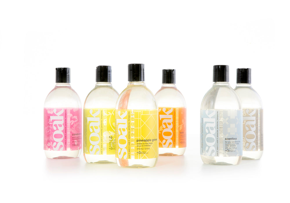 Soak Wash Biodegradable Laundry Detergent 375ml Eco Detergent Soak Wash eco friendly biodegradable gentle formula delicates swimwear made in canada gentle on skin safe on environment 75+ washes no rinse required eco friendly plant derived renewable ingredients no harsh chemicals phosphate free dye free sulfate free handwashing machine washing safe delicate scents lacey celebration pineapple yuzu fig wild mint scentless highly rated product top rated website free shipping buy canadian repeat buyers love soak