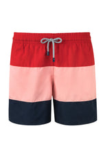 Swim Board Shorts Color Block Palmacea Swimwear Maua 3 luxury designer swimwear male mens vacation swim shorts mid length 4.5 inch inseam red pink navy drawstring cool sexy unique fashionable trendy expensive good quality striped sophisticated stylish chic upscale soft fabric elastic drawstring waistband highly rated made in Colombia nautical look sailing swim trunks guys shorter length board shorts 3 pockets slimmer fit comfortable all day wear mens getaway shorts looks good with beach shirt dudes buy site