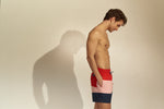 Swim Board Shorts Color Block Palmacea Swimwear Maua 3 luxury designer swimwear male mens vacation swim shorts mid length 4.5 inch inseam red pink navy drawstring cool sexy unique fashionable trendy expensive good quality striped sophisticated stylish chic upscale soft fabric elastic drawstring waistband highly rated yuppy high society nautical look sailing swim trunks guys shorter length board shorts 3 pockets sailing comfortable all day wear mens getaway shorts looks good with beach shirt boating 