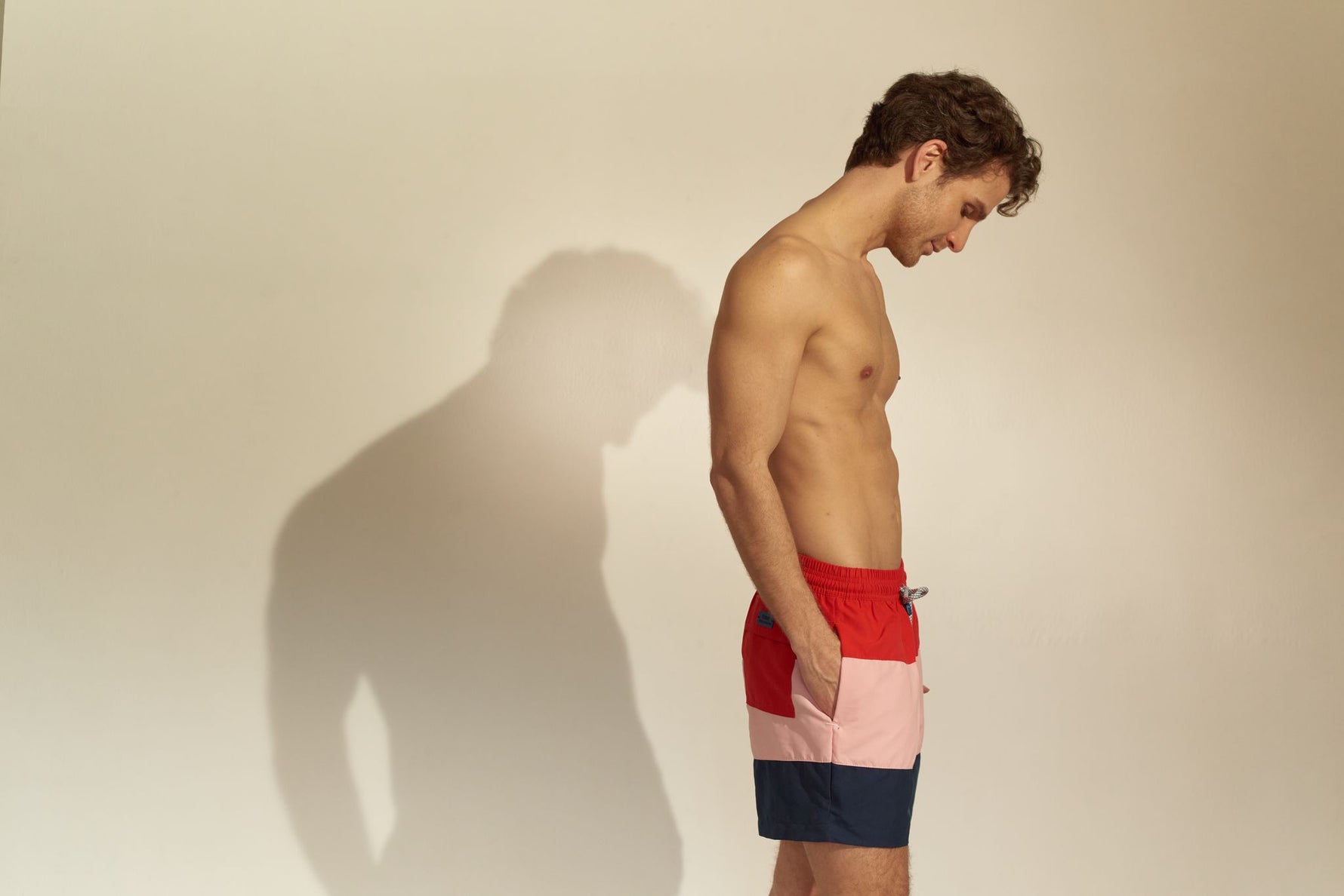 Swim Board Shorts Color Block Palmacea Swimwear Maua 3 luxury designer swimwear male mens vacation swim shorts mid length 4.5 inch inseam red pink navy drawstring cool sexy unique fashionable trendy expensive good quality striped sophisticated stylish chic upscale soft fabric elastic drawstring waistband highly rated yuppy high society nautical look sailing swim trunks guys shorter length board shorts 3 pockets sailing comfortable all day wear mens getaway shorts looks good with beach shirt boating 