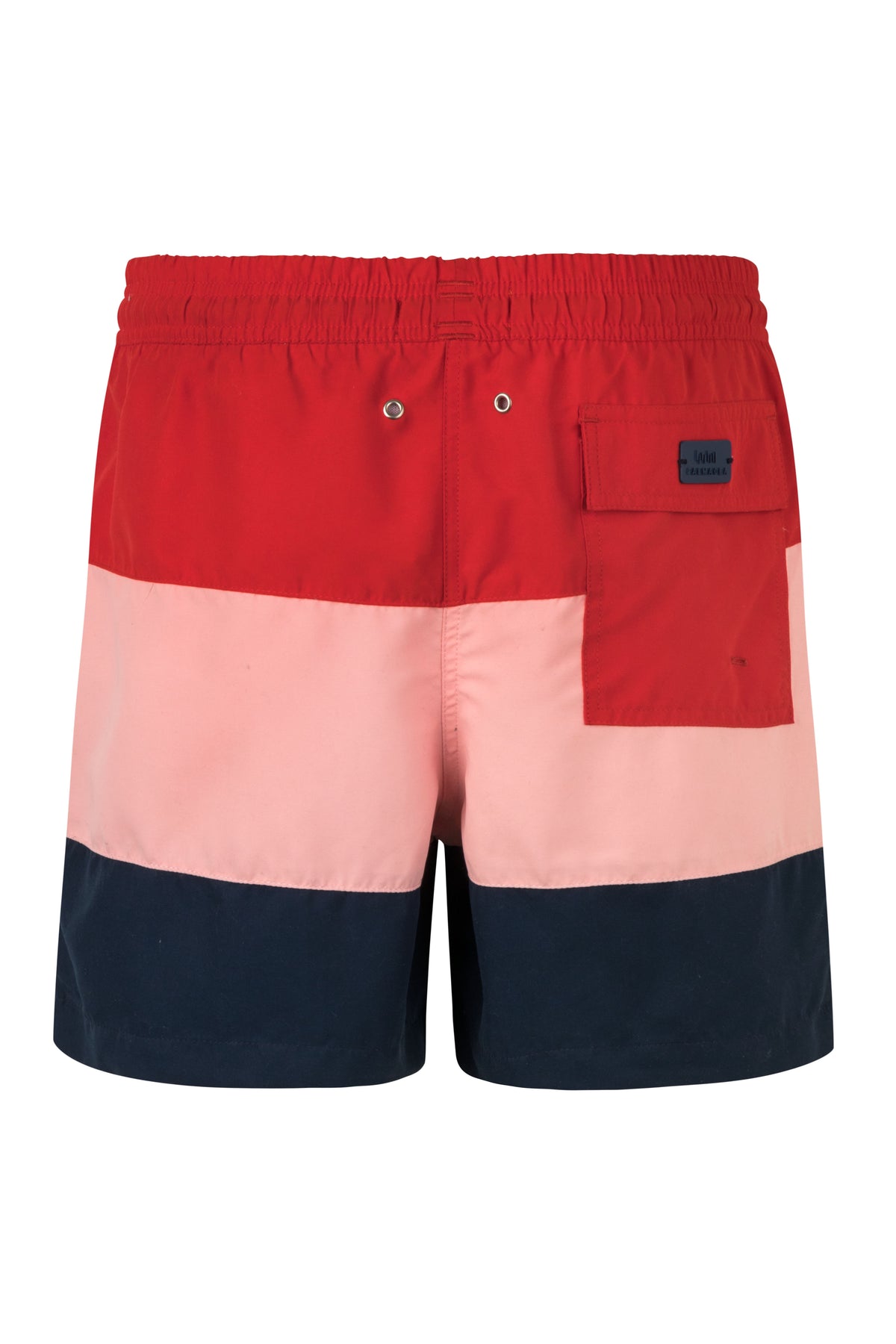 Swim Board Shorts Color Block Palmacea Swimwear Maua 3 luxury designer swimwear male mens vacation swim shorts mid length 4.5 inch inseam red pink navy drawstring cool sexy unique fashionable trendy expensive good quality striped sophisticated stylish chic upscale soft fabric elastic drawstring waistband highly rated made in Colombia nautical look sailing swim trunks guys shorter length board shorts 3 pockets slimmer fit comfortable all day wear mens getaway shorts looks good with beach shirt boating shorts