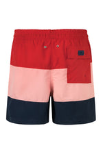 Swim Board Shorts Color Block Palmacea Swimwear Maua 3 luxury designer swimwear male mens vacation swim shorts mid length 4.5 inch inseam red pink navy drawstring cool sexy unique fashionable trendy expensive good quality striped sophisticated stylish chic upscale soft fabric elastic drawstring waistband highly rated made in Colombia nautical look sailing swim trunks guys shorter length board shorts 3 pockets slimmer fit comfortable all day wear mens getaway shorts looks good with beach shirt boating shorts