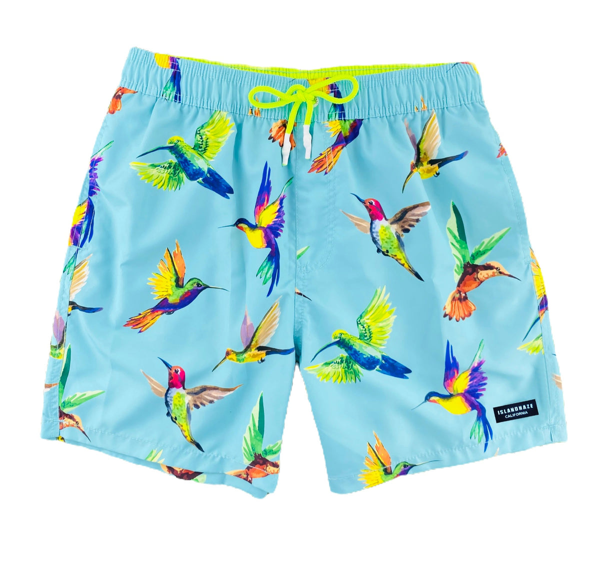 Tropical Mens Shorts Island Haze cool print funny shorts colorful 5 inch inseam elastic waist drawstring front inner mesh lining side pockets back velcro close pocket quick dry soft fabric unique humming bird swim short lucky lively print tropical vibe vacation hilarious couples trip joke ridiculous guys blue aqua light blue unusual popular best mens swim good price ships fast buy canada usa texas michigan  travel online shopping enthusiast beauty maven gym goer travels often beach vacations guys trip vegas