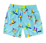 Tropical Mens Shorts Island Haze cool print funny shorts colorful 5 inch inseam elastic waist drawstring front inner mesh lining side pockets back velcro close pocket quick dry soft fabric unique humming bird swim short lucky lively print tropical vibe vacation hilarious couples trip joke ridiculous guys blue aqua light blue unusual popular best mens swim good price ships fast buy canada usa texas michigan  travel online shopping enthusiast beauty maven gym goer travels often beach vacations guys trip vegas