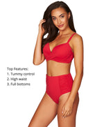 Tummy Control Bikini Bottoms Red Sustainable Sea Level Australia High Waist Swimsuit classy red elegant sexy  slimming bathing suit shop online ruched  hide belly compression high rise sophisticated best swim for mom full coverage bottoms tummy disguising flattens belly flattering slimming eco friendly swimwear glamorous best for fat belly chic fashionable vacation high end luxury cute good quality best pear shape upscale curvy smart sexy designer beach premium iconic good apple shape flattering bottoms 