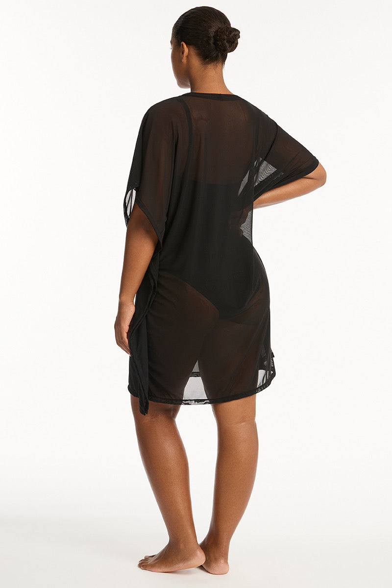 Tunic Beach Cover Up Sea Level Australia essentials beach dress short sleeve mid length knee length see through sheer mesh lightweight quick dry high end luxury designer buy online Canada USA pretty fancy beachwear website practical expensive durable good quality sexy pretty elegant fancy matches everything v neck mom woman over 40 vacation cottage Mexico tulum lake cute sophisticated current trend wealthy socialite savvy online shopper traveller fashionista short dress cover up flattering bougie classy buy