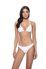 Woman wearing a white macrame bikini on a white background