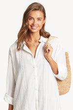 White Button Down Cover Up Sea Level Australia popular pretty high quality savvy online shopper baggy swim shirt rich look influencer celebrity style traveller beachy breezy heatwave oversized pretty comfy roomy long sleeve high end luxury swimwear bikini cover up beach shirt ladies cute pretty expensive vacation fashionista trendy collar cotton cool sexy goes with everything upscale travels big lux curvy good quality designer swim over shirt cute textured fabric cool upscale cute chic trip buy online good 