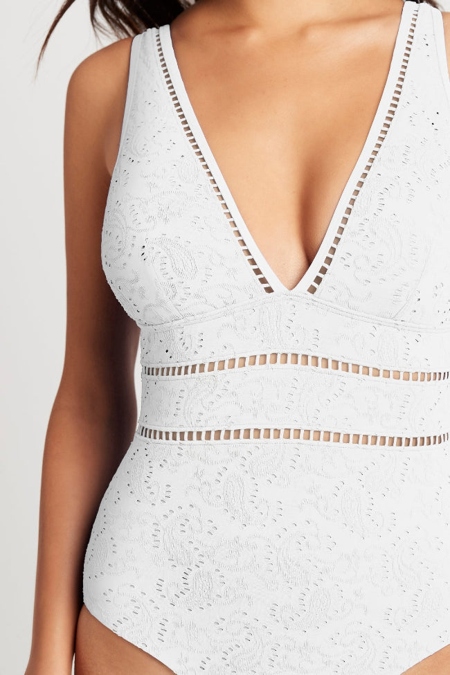 White One Piece Swimsuit | Sea Level Australia spliced multifit chantilly sale sexy designer swimwear online canada pretty mom swimsuit bridal clearance luxury high quality tummy control full bum coverage elegant beautiful glamorous cleavage luxurious looking ladies fancy beach wedding bride textured fabric special occasion swimsuit stylish fashionable sophisticated super feminine flattering flattens belly pooch compression looks high end expensive fabric luxe well made reputable brand name best mom size L 