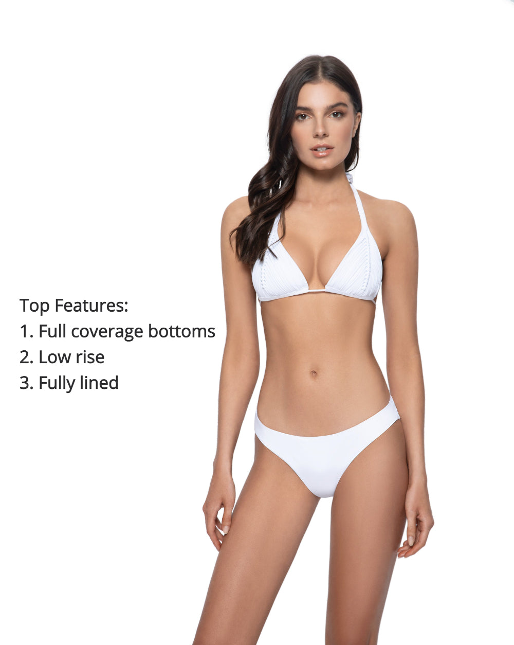 A woman from Dallas Texas is lounging on the beach looking ravishing in macrame White triangle bikini top water lily Isla tri top PQ Swim white bikini bottoms water lily basic ruched bottoms full coverage . She bought this chic white halter bikini top and low rise bikini bottoms from sun vixen swimwear, the best online retailer for designer swimsuits in USA, Canada & worldwide. She frequently shops from this top quality google store for stylish luxury bikinis, sexy swimsuits, high end beach cover ups online