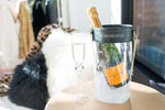 Wine Chilling Bag Black & Gold bevefresco wine chilling bag open top sturdy glamorous ice bucket champagne ice chilling tote bag sophisticated classy unique stylish fancy wine beverage cooler beach bag drink chiller fast wine cold bag quick icy cold champagne yacht carrier cute pretty luxury sturdy leak proof clear plastic base faux leather rim gold chain handle with shoulder pad unique gift party bag keeps wine bubble cold conversation starter great gift under $50 buy online travelling yacht wine chill lux