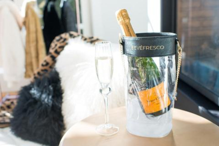 Wine Chilling Bag Black & Gold bevefresco wine chilling bag open top sturdy glamorous ice bucket champagne ice chilling tote bag sophisticated classy unique stylish fancy wine beverage cooler beach bag drink chiller fast wine cold bag quick icy cold champagne yacht carrier cute pretty luxury sturdy leak proof clear plastic base faux leather rim gold chain handle with shoulder pad unique gift party bag keeps wine bubble cold conversation starter great gift under $50 buy online travelling yacht wine chill lux