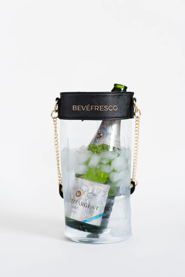 Wine Chilling Bag Black & Gold bevefresco wine chilling bag glamorous ice bucket champagne ice chilling tote bag sophisticated classy unique stylish fancy wine beverage cooler beach bag drink chiller fast wine cold bag quick icy cold champagne yacht carrier cute pretty luxury leak proof clear plastic base faux leather rim gold chain handle with shoulder pad for cute novel party bag keeps wine bubble cold conversation starter great gift under $50 buy online travelling wine lover on list yacht wine chilling