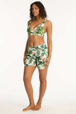 Womens Board Shorts 7 Inch Sea Level Australia tropical print hawaiian cute elastic waist drawstring covers thighs pockets unlined lightweight longer length swim shorts ladies good quality high end sophisticated hides thigh cellulite pretty goes with everything green white good mom swim shorts inverted triangle shape covers belly pooch hides lower tummy women over 40 swim bottoms vacation shorts quick dry cool eco friendly floral designer luxury smart looking sale clearance deal online canada sustainable XL