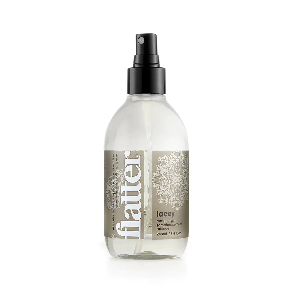 Wrinkle Release Spray Flatter Lacey | Soak Wash Canada plant derived releases wrinkles without ironing eco friendly ingredients subtle scent freshens fabrics between washes starch-free smoothes wrinkles  from fabrics gentle for delicates like swimwear and beachwear removes static gentle formula soft mist sprayer residue free made in canada buy canadian use without ironing smooth out wrinkle by hand after misting fabric repeat buy online ships to canada usa michigan texas iowa seattle portland calgary ottawa