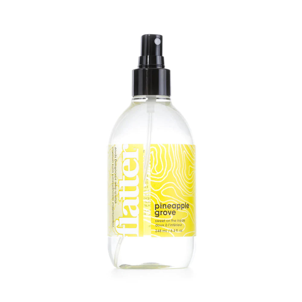 Wrinkle Release Spray Flatter pineapple Wrinkle Release Spray Flatter | Soak Wash Canada plant derived releases wrinkles without ironing eco friendly ingredients subtle scent freshens fabrics between washes starch-free smoothes wrinkles  from fabrics gentle for delicates like swimwear and beachwear removes static gentle formula soft mist sprayer residue free made in canada buy canadian use without ironing smooth out wrinkle by hand after misting fabric repeat buy online ships to canada usa michigan texas TO