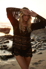 shop beach cover up black noah tunic PQ Swim sheer lace bikini cover up dress edgy elegant exotic expensive exquisite fancy online sheer lace bikini cover up dress handcut italian lace mini dress sexiest black seethrough glamorous sophisticated elegant sexy bold  edgy designer high end super soft italian fabric lace up front ties soft scalloped edges mesh bombshell rich looking best quality womens online shopping enthusiast purchases luxury goods often buys frequently travels often beach resortwear quick