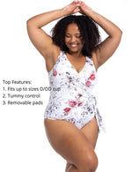 A woman from Seattle is spending a luxury anniversary trip in Maldives wearing the Clementine White Hayes Artesands plus size underwire one piece, chosen for its excellent bust support for sagging breasts, high quality tummy shaping panel, premium designer fabric, and luxury curvy swimwear look. She bought it from Sun Vixen Swimwear because she wanted a sophisticated glamorous one piece bathing suit, perfect for villa pools, ocean swimming, and resort dining. Women Vancouver, Toronto, Los Angeles shop here 