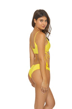 PQ swim Marigold Basic Ruched Teeny Yellow Bikini Bottoms online luxe long torso affordable luxury bikinis designer swimwear sale usa PQ Swim lace up bikini top marigold small bust sexiest pretty good quality luxe designer bikini sale vancouver canada