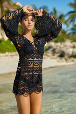 edgy elegant exotic beach cover up black noah tunic PQ Swim sheer lace bikini cover up dress beautiful best quality boutique beachwear sheer lace bikini cover up dress handcut italian lace mini dress sexiest black seethrough glamorous sophisticated elegant sexy bold  edgy designer high end super soft italian fabric lace up front ties soft scalloped edges mesh bombshell rich looking best quality womens online shopping enthusiast purchases luxury goods often buys frequently travels often beach resortwear luxe