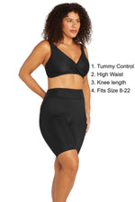 A woman from Chicago is staying at a beachfront hotel in Bali wearing her Artesands Michelangelo knee length swim bike shorts, best tummy control swim bottoms, luxury compression shorts, sustainable designer pieces, and sophisticated stylish womens swim shorts at Sun Vixen Swimwear. She loves the support, and high end resort look these shorts give her for beachfront workouts, long swims, and island outings. Women across Vancouver, Toronto, Atlanta, San Diego USA shop these fancy exquisite swim shorts online