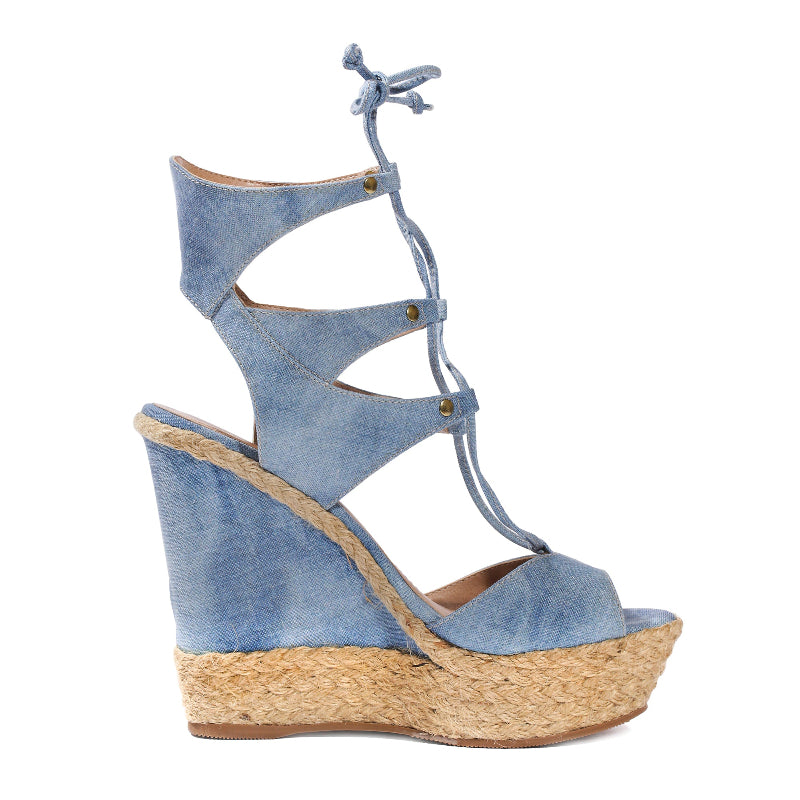 denim wedges open toe espadrilles summer sandals high heels adjustable lace up clearance sale buy designer shoes online affordable good deal top quality sandals for less braided rope natural fiber cute sexy high platform wedges lightweight comfortable bargain hunter vacationer travels often online shopping enthusiast womens apparel accessories stylish fashionable looks expensive affordable goes with everything summer deal shopper luxury shopper beauty maven deal lover fashionista texas alabama new mexico