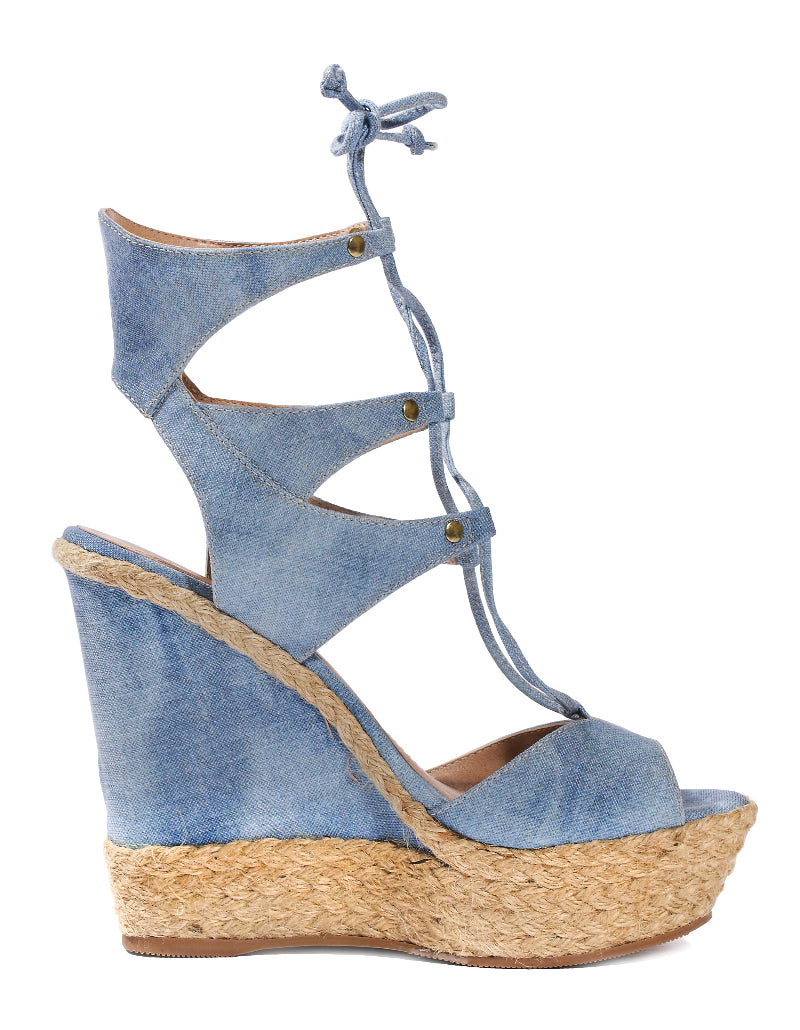 denim wedges open toe espadrilles summer sandals high heels adjustable lace up clearance sale buy designer shoes online affordable good deal top quality sandals for less braided rope natural fiber cute sexy high platform wedges lightweight comfortable bargain hunter vacationer travels often online shopping enthusiast womens apparel accessories stylish fashionable looks expensive affordable goes with everything summer deal shopper luxury shopper beauty maven deal lover