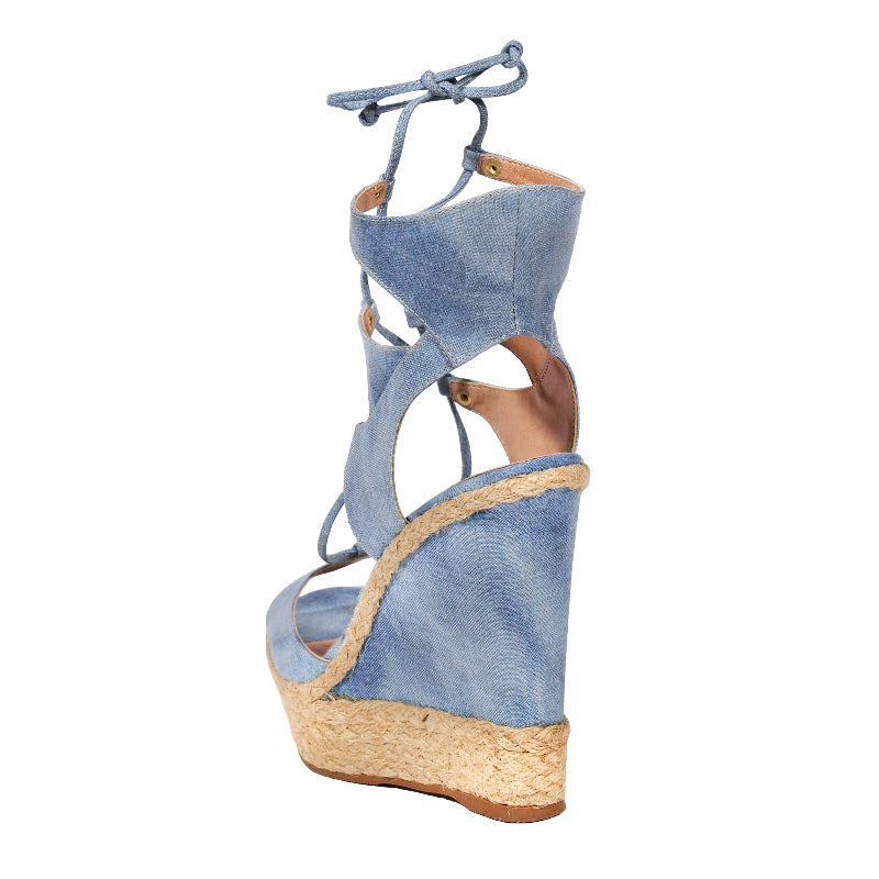 denim wedges open toe espadrilles summer sandals high heels adjustable lace up clearance sale buy designer shoes online affordable good deal top quality sandals for less braided rope natural fiber cute sexy high platform wedges lightweight comfortable bargain hunter vacationer travels often online shopping enthusiast womens apparel accessories stylish fashionable looks expensive affordable goes with everything summer deal shopper luxury shopper beauty maven deal lover fashionista