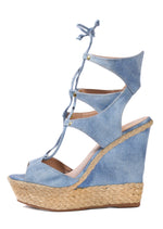 denim wedges open toe espadrilles summer sandals high heels adjustable lace up clearance sale buy designer shoes online affordable good deal top quality sandals for less braided rope natural fiber cute sexy high platform wedges lightweight comfortable bargain hunter vacationer travels often online shopping enthusiast womens apparel accessories stylish fashionable looks expensive affordable goes with everything summer deal shopper luxury shopper beauty maven