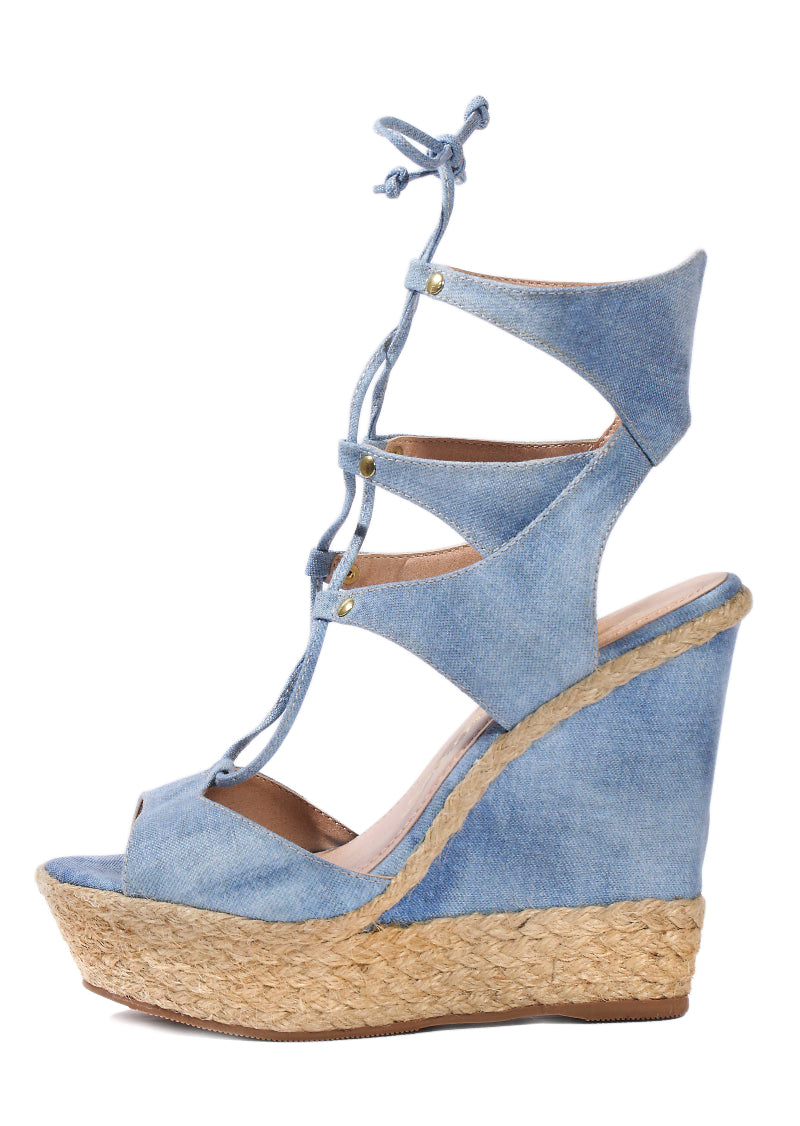 denim wedges open toe espadrilles summer sandals high heels adjustable lace up clearance sale buy designer shoes online affordable good deal top quality sandals for less braided rope natural fiber cute sexy high platform wedges lightweight comfortable bargain hunter vacationer travels often online shopping enthusiast womens apparel accessories stylish fashionable looks expensive affordable goes with everything summer deal shopper luxury shopper beauty maven