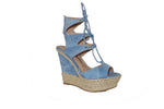 Denim Wedges Sergio Zelcer made in brazil espadrilles lightweight open toe adjustable lace up cute sexy summer sandals natural rope fiber sole medium denim wash fabric 5 inch heels platform designer shoes clearance best deal online comfortable high heels great quality buy affordable footwear womens shoes for less discounted