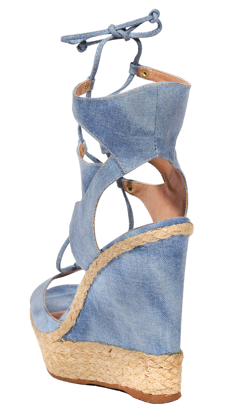 Denim Wedges Sergio Zelcer made in brazil espadrilles lightweight open toe adjustable lace up cute sexy summer sandals natural rope fiber sole medium denim wash fabric 5 inch heels platform designer shoes clearance best deal online comfortable high heels great quality buy affordable footwear womens shoes for less discounted pretty sophisticated beach bar ladies sandal heels shoes 