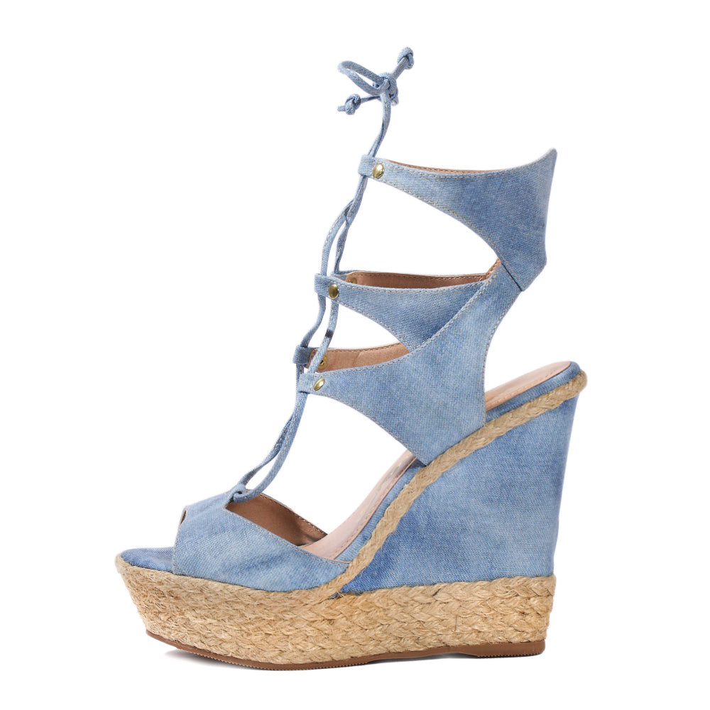 denim wedges open toe espadrilles summer sandals high heels adjustable lace up clearance sale buy designer shoes online affordable good deal top quality sandals for less braided rope natural fiber cute sexy high platform wedges lightweight comfortable bargain hunter vacationer travels often online shopping enthusiast womens apparel accessories stylish fashionable looks expensive affordable goes with everything summer deal shopper luxury shopper beauty maven deal lover fashionista texas alabama los angeles