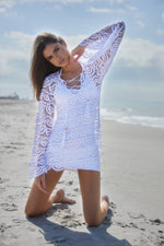 luxury PQ Swim Noah Tunic  White Lace Cover Up good quality high end high quality hottest instagram luxurious swimwear. Famous instagram influencer is wearing a high end lace bikini cover up with sexy white macrame bikini on a beach vacation. This Canadian fashion enthusiast frequently shops online from sun vixen swimwear a top quality swimwear store on google that sells brand name swimsuits to people who love good quality swimsuits and wear their  designer swimsuits, sexy bikinis on high end vacations USA