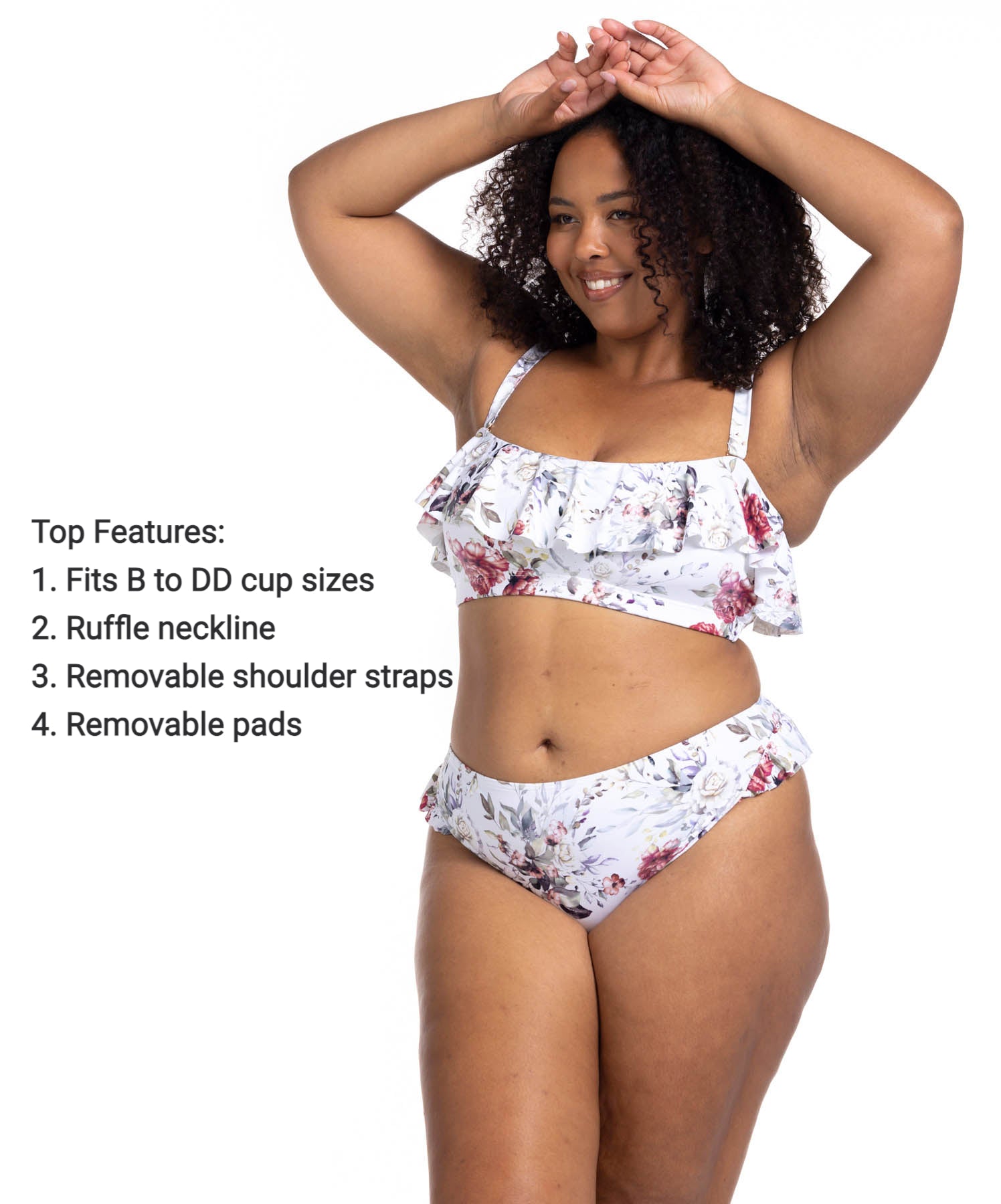 A plus size woman from Quebec Canada shopped Artesands Clementine White Vermeer frilly flounce bikini top with white floral aesthetic for her pool day paired with high waist shaping bikini bottoms flattering tummy control. She bought it from Sun Vixen Swimwear Canada USA also purchased cute ruffle bikinis, sexy plus size swimwear, and the most flattering bikinis for bigger women online with luxury finishes. She loves the sleek feminine style it brings to her vacation wardrobe. Buy compression bikinis now 