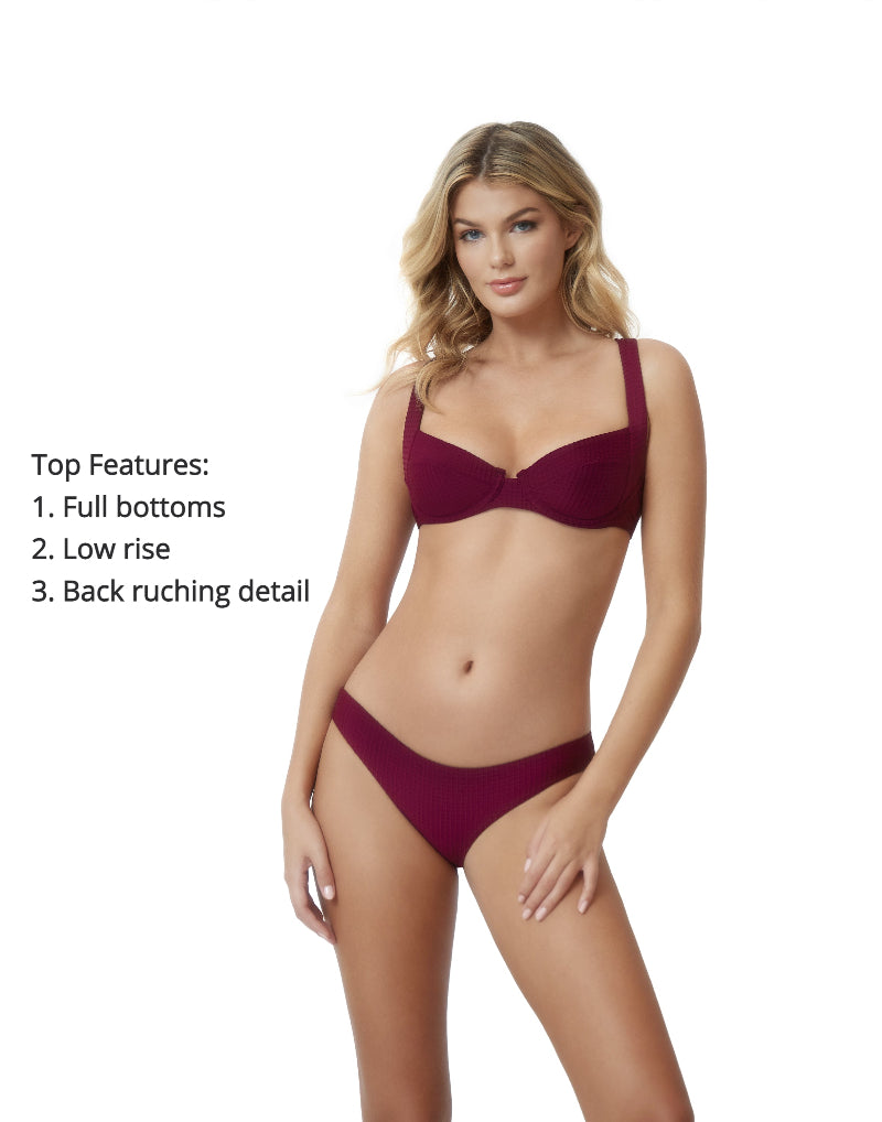 Sangria Basic Ruched Full bikini bottoms pq swim burgundy bathing suit low rise best quality classy luxury bikini designer swimsuits