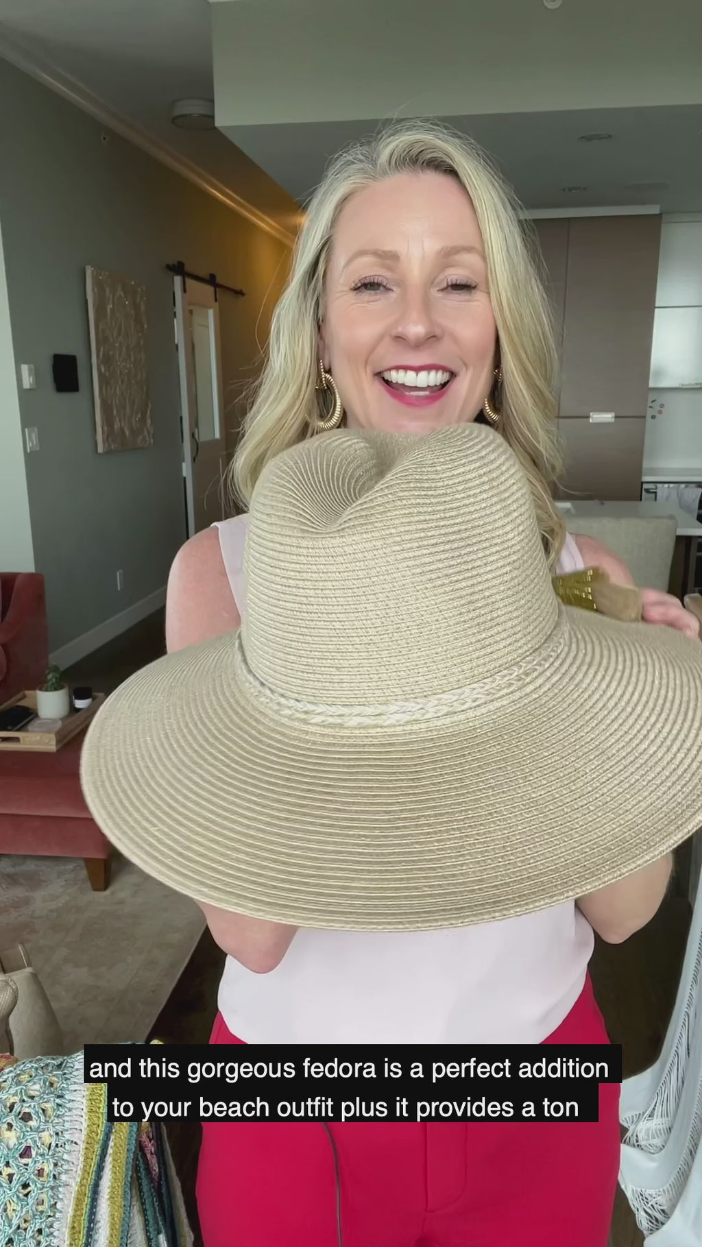 Fedora Beach Hat Collapsible | Seafolly packable adjustable fit one size fits all neutral shade lightweight braided accents tassels gold shimmer cute stylish celebrity look foldable travel hat gold shimmer sparkle braided ties hidden size adjustable inner drawstring customize to fit chic polyester sun hat brimmed fedora beach hat sophisticated light beige tan pretty glamorous fancy summer hat goes with everything vacation hat keeps shape springs back suitcase hat fits most ladies hidden inner drawstring